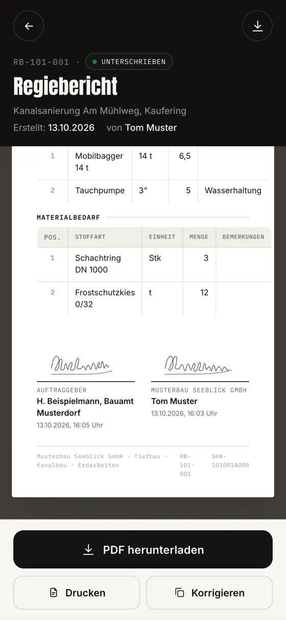 Unterschriebener Regiebericht am Handy mit beiden Unterschriften samt Name, Datum und Uhrzeit