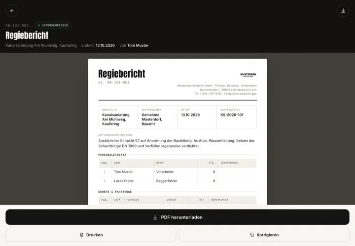Unterschriebener Regiebericht RB-101-001 als PDF mit Firmenkopf des Musterbetriebs, darunter PDF herunterladen, Drucken und Korrigieren