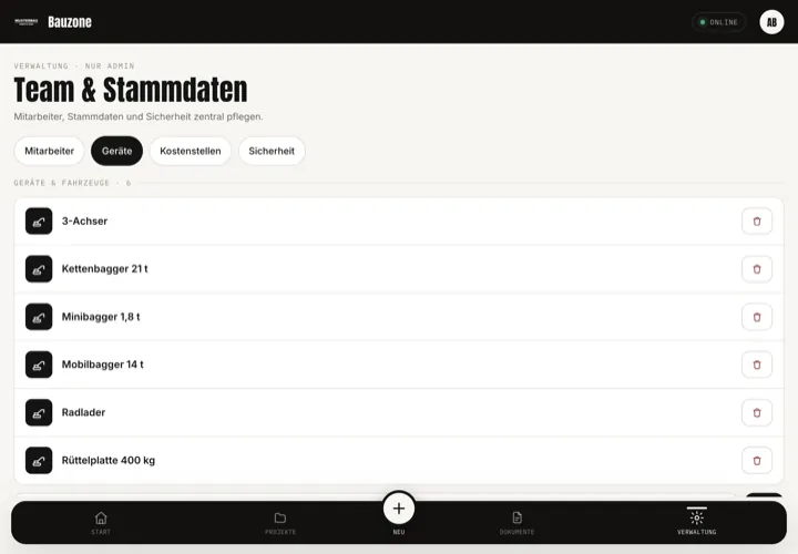 Verwaltung, Reiter Geräte: Liste mit 3-Achser, Kettenbagger, Minibagger, Mobilbagger, Radlader und Rüttelplatte