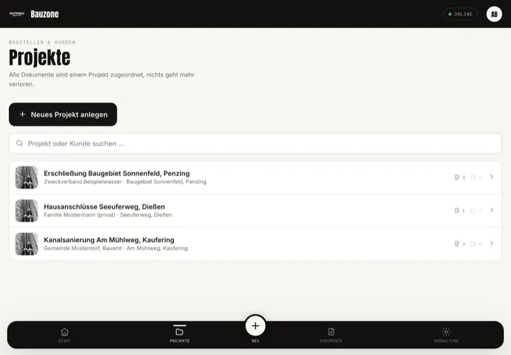 Projektliste mit drei Baustellen, Suche und dem Knopf Neues Projekt anlegen