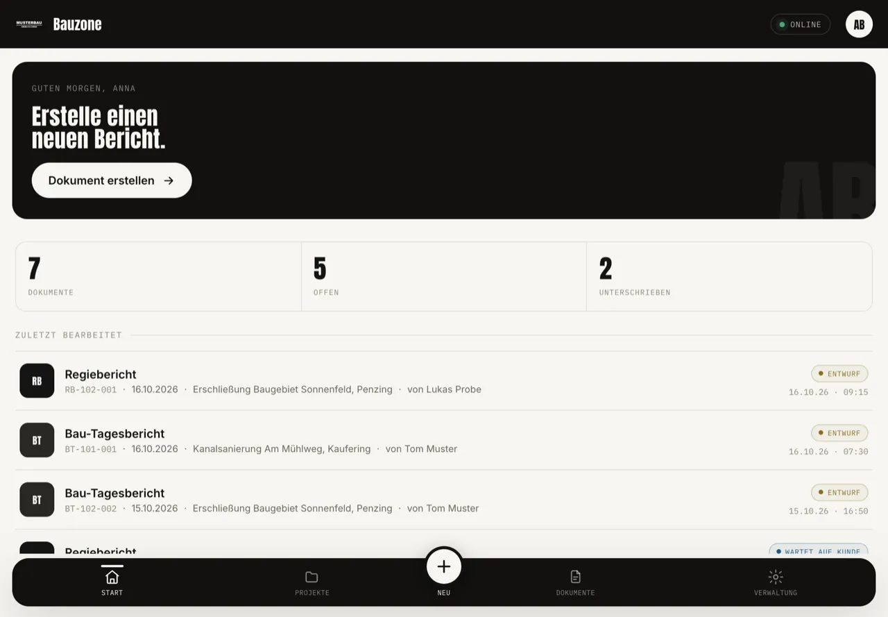 Startseite der App am Tablet: Knopf Dokument erstellen, Zähler für Dokumente, offene und unterschriebene Berichte, darunter die zuletzt bearbeiteten Berichte